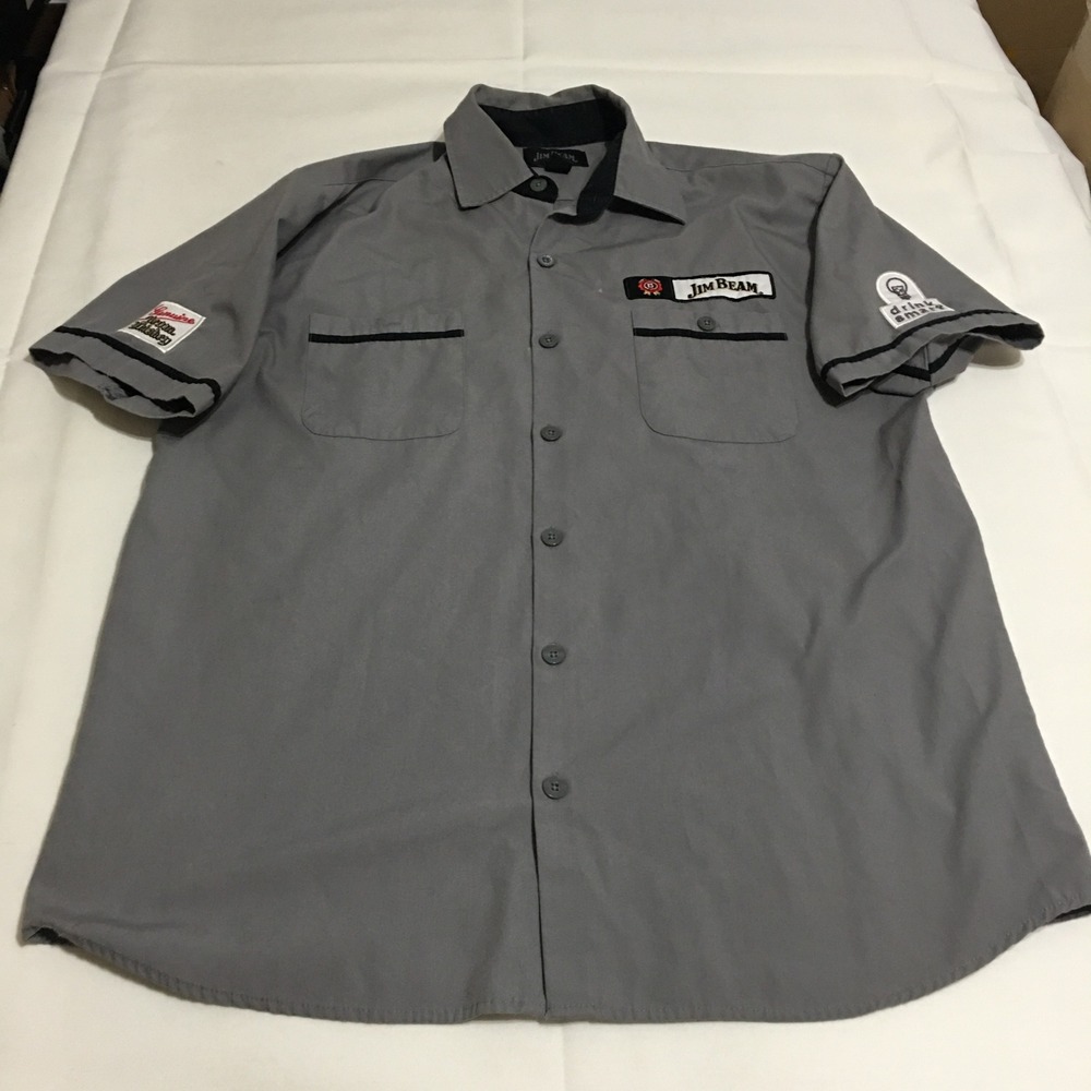 Jim Beam Short Sleeve Button Up Shirt Mens Medium Gray Workwear Garage